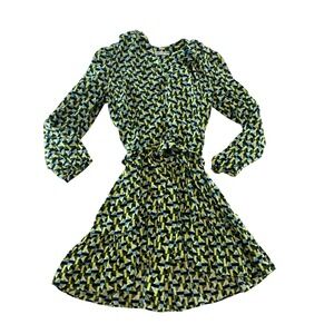 ZARA Geometric Print Tie Waist‎ Tiered Ruffle Mini Dress Green Yellow Blue XS